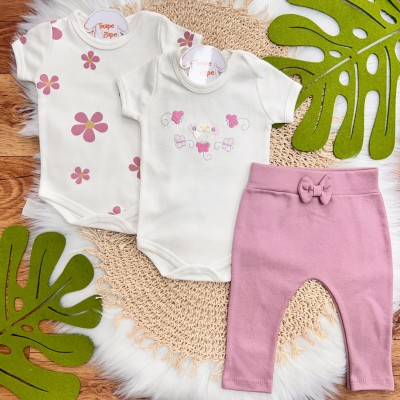 Conj. de Malha 3 peças - Borboletas Bordadas - Off White e Uva